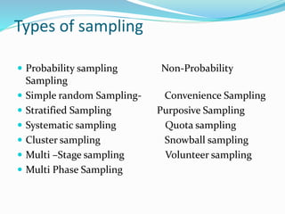 Types of sampling
 Probability sampling Non-Probability
Sampling
 Simple random Sampling- Convenience Sampling
 Stratified Sampling Purposive Sampling
 Systematic sampling Quota sampling
 Cluster sampling Snowball sampling
 Multi –Stage sampling Volunteer sampling
 Multi Phase Sampling
 