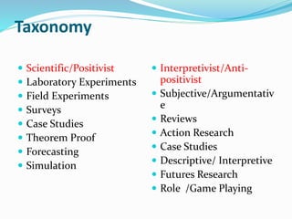Taxonomy
 Scientific/Positivist
 Laboratory Experiments
 Field Experiments
 Surveys
 Case Studies
 Theorem Proof
 Forecasting
 Simulation
 Interpretivist/Anti-
positivist
 Subjective/Argumentativ
e
 Reviews
 Action Research
 Case Studies
 Descriptive/ Interpretive
 Futures Research
 Role /Game Playing
 