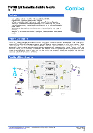 GSM1900 Split Bandwidth Adjustable Repeater
RD-1932
Information contained in this document is subject to confirmation at time of ordering.
http://www.comba-telecom.com
Issued: 02Apr10
Control: 3-0-4
1/3
Features
• Two sub band-selective modules with adjustable bandwidth.
• Output power can be adjusted via OMT software.
• Software adjustable single/multi carrier mode allows flexible configuration
• Integrated wireless modem for remote configuration, monitoring and control.
• Internal backup battery keeps the alarm unit running for up to three hours after
power failure.
• Optional OMC is available for remote operation and maintenance of a group of
repeaters.
• Designed for all outdoor installation – waterproof, damp-proof and omni-sealed
(IP65).
LNA1
LNA2
Service
AntDonor
Ant
Mobile
Power
Supply
Alarm
Indicator Main Control Unit
External
PowerOMT
Li-ion
BATT
Modem
DT MT
OMT
Computer with
Data card
Wireless
Modem
OMC
PA1
PA2
DL Band Selective
Module
DL Band Selective
Module
UL Band Selective
Module
UL Band Selective
Module
BTS
Product Description
The RD-1932 split bandwidth adjustable repeater is designed for outdoor operation in the GSM1900 band. Band-specific
linear amplifier and filter effectively amplifies the desired BTS carrier and provides superior out-of-band rejection. Typical
units incorporate up to two adjustable 15MHz or 25MHz bandwidth segments with frequencies programmed to specific
requirements of the network. Remote configuration and surveillance is possible through Comba’s remote control and
monitoring system, via PC or wireless modem to the OMC. Internal Li-ion backup battery built in enclosure ensures alarm
signals are sent out while power is down. The RD-1932 comes in a completely sealed, well-ventilated cast aluminum
enclosure, suitable for all weather conditions.
Functional Block Diagram
 