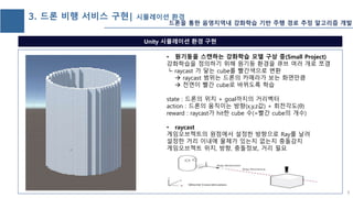 Unity 시뮬레이션 환경 구현
9
3. 드론 비행 서비스 구현| 시뮬레이션 환경
• 원기둥을 스캔하는 강화학습 모델 구상 중(Small Project)
강화학습을 정의하기 위해 원기둥 환경을 큐브 여러 개로 쪼갬
┗ raycast 가 닿는 cube를 빨간색으로 변환
 raycast 범위는 드론의 카메라가 보는 화면만큼
 전면이 빨간 cube로 바뀌도록 학습
state : 드론의 위치 + goal까지의 거리벡터
action : 드론의 움직이는 방향(x,y,z값) + 회전각도(θ)
reward : raycast가 hit한 cube 수(=빨간 cube의 개수)
• raycast
게임오브젝트의 원점에서 설정한 방향으로 Ray를 날려
설정한 거리 이내에 물체가 있는지 없는지 충돌감지
게임오브젝트 위치, 방향, 충돌정보, 거리 필요
드론을 통한 음영지역내 강화학습 기반 주행 경로 추정 알고리즘 개발
 