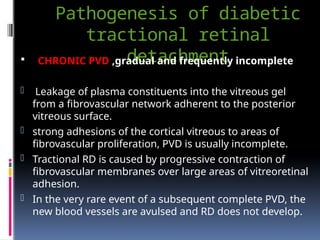 Pathogenesis of diabetic
tractional retinal
detachment
 CHRONIC PVD ,gradual and frequently incomplete
- Leakage of plasma constituents into the vitreous gel
from a fibrovascular network adherent to the posterior
vitreous surface.
- strong adhesions of the cortical vitreous to areas of
fibrovascular proliferation, PVD is usually incomplete.
- Tractional RD is caused by progressive contraction of
fibrovascular membranes over large areas of vitreoretinal
adhesion.
- In the very rare event of a subsequent complete PVD, the
new blood vessels are avulsed and RD does not develop.
 