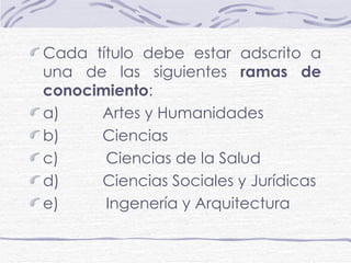 Cada título debe estar adscrito a una de las siguientes  ramas de conocimiento : a)             Artes y Humanidades b)             Ciencias c)              Ciencias de la Salud d)             Ciencias Sociales y Jurídicas e)              Ingenería y Arquitectura 