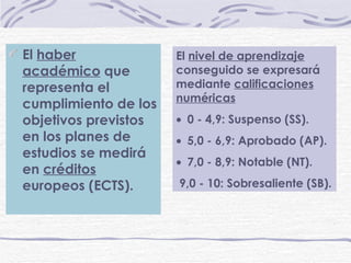 El  haber académico  que representa el cumplimiento de los objetivos previstos en los planes de estudios se medirá en  créditos  europeos (ECTS). El  nivel de aprendizaje  conseguido se expresará mediante  calificaciones numéricas    0 - 4,9: Suspenso (SS).   5,0 - 6,9: Aprobado (AP).     7,0 - 8,9: Notable (NT). 9,0 - 10: Sobresaliente (SB).   