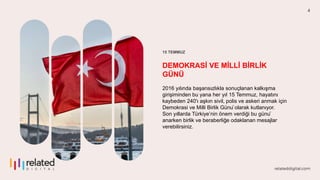 4
15 TEMMUZ
DEMOKRASİ VE MİLLİ BİRLİK
GÜNÜ
2016 yılında başarısızlıkla sonuçlanan kalkışma
girişiminden bu yana her yıl 15 Temmuz, hayatını
kaybeden 240'ı aşkın sivil, polis ve askeri anmak için
Demokrasi ve Milli Birlik Günü olarak kutlanıyor.
Son yıllarda Türkiye’nin önem verdiği bu günü
anarken birlik ve beraberliğe odaklanan mesajlar
verebilirsiniz.
 