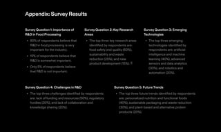 Appendix: SurveyResults
Survey Question 1: Importance of
R&D in Food Processing
80% of respondents believe that
R&D in food processing is very
important for the industry.
15% of respondents believe that
R&D is somewhat important.
Only 5% of respondents believe
that R&D is not important.
•
•
•
Survey Question 2: Key Research
Areas
The top three key research areas
identified by respondents are:
food safety and quality (60%),
sustainability and waste
reduction (25%), and new
product development (15%). 1﻿
•
Survey Question 3: Emerging
Technologies
The top three emerging
technologies identified by
respondents are: artificial
intelligence and machine
learning (40%), advanced
sensors and data analytics
(30%), and robotics and
automation (20%).
•
Survey Question 4: Challenges in R&D
The top three challenges identified by respondents
are: lack of funding and resources (50%), regulatory
hurdles (30%), and lack of collaboration and
knowledge sharing (20%).
•
Survey Question 5: FutureTrends
The top three future trends identified by respondents
are: personalized nutrition and functional foods
(40%), sustainable packaging and waste reduction
(30%), and plant-based and alternative protein
products (20%).
•
 