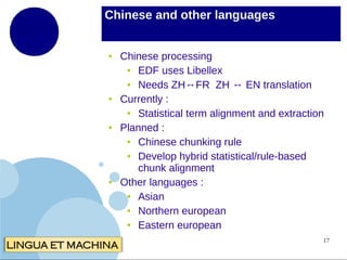 Chinese and other languages

●

●

●

●

Chinese processing
●
EDF uses Libellex
●
Needs ZH↔FR ZH ↔ EN translation
Currently :
●
Statistical term alignment and extraction
Planned :
●
Chinese chunking rule
●
Develop hybrid statistical/rule-based
chunk alignment
Other languages :
●
Asian
●
Northern european
●
Eastern european
17

 