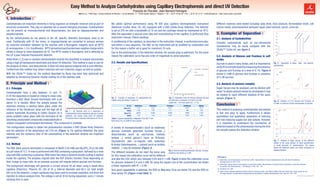 TM
                                                                      Easy Method to Analyze Carbohydrates using Capillary Electrophoresis and direct UV Detection
                                                                                                                                                     François de l’Escaille, Jean-Bernard Falmagne
                                                                              ANALIS s.a. • R&D Diag • Zoning Industriel de Rhisnes • rue de Néverlée, 11 • 5020 Suarlée (Namur) • Belgium • Tel: + 32 81 25 50 50 • Fax: + 32 81 23 12 37 • ceofix@analis.be • http://www.analis.com/ceofix

1. Introduction :
Carbohydrates are important elements in living organism as energetic reservoir and as part of                          We obtain optimal performance using PA 800 plus capillary electrophoresis instrument                                                 Different matrices were tested including soda drink, food products, fermentation broth, cell
structural components. They play an essential role in several biological processes. Carbohydrates                      (Beckman Coulter, Brea, CA, US), equipped with a DAD (Diode Array Detector). The detector                                            culture media, pharmaceutical perfusion liquid, plant extracts, serum, urine etc…
can be present as monosaccharide and disaccharides, but also as oligosaccharides and                                   is set at 270 nm with a bandwidth of 10 nm and the cartridge should be maintained at 18°C.
polysaccharides.                                                                                                       After the separation a special rinse step and reconditioning of the capillary is performed (See                                      3. Examples of Separation :
As the carbohydrates do not absorb in the UV, specific detection techniques need to be                                 instruction manual, Patent pending).                                                                                                 3.1. Analysis of Cyclodextrine
used. Traditionally with CE the mono- or oligosaccharide are converted to primary amines                               A conditioning of the capillary, as described in the instruction manual, is performed every day;                                     Complex carbohydrate such as non-derivatized
by reductive amination followed by the reaction with a fluorogenic reagents such as APTS                               and before a new sequence. The BGE on the instrument will be acidified by carbonation and                                            cyclodextrine may be easily analysed with the
(8-aminopyrene-1,3,6- trisulfonate). APTS derivatized saccharides bear negative charge which                           for this reason a buffer set is good for maximum 25 runs.                                                                            CEofix™ Carbo kit, see figure 5.
allows a charge to mass separation by CE. The APTS moiety is fluorogenic and is detected by                            Due to the photoreaction in the detection window, the sample plug is optimized. For the same
the LIF (Laser Induced Fluorescent) detector.                                                                          reason the calibration curve has one order of magnitude to avoid saturation.                                                         3.2. Analysis of Glucose and Fructose in soft
Stella Rovio (1,2) and co-workers demonstrated recently the possibility to analyse saccharides                                                                                                                                                              drinks
using a high pH background electrolyte and direct UV detection. This method is easy to use for                         2.3. Results and Specifications                                                                                                      Sucrose is used in many drinks, and it is important to                                    Fig. 5 : Separation of alpha-, beta-, and gamma-
the analysis of mono- and disaccharide. It does not need special reagents and is cost effective.                                                                                                                                                                                                                                                      cyclodextrine.
                                                                                                                                                                                                                                                            verify if it is not hydrolysed by measuring the presence
Furthermore this method may detect reductive and non-reductive sugars as well as polyols.                                                                                                                                                                   of glucose and fructose at a level of 0.1%. Figure 6
With the CEofix™ Carbo kit, the method described by Rovio has been fully optimized and                                                                                                                                                                      shows 0.1mM of glucose and fructose in presence
adapted by introducing dynamic double coating (3) of the capillary wall.                                                                                                                                                                                    of 0.1M sucrose.

2. Principle and Method :                                                                                                                                                                                                                                   3.3. Analysis of process samples
2.1. Principle                                                                                                                                                                                                                                              Sugar Syrups may be analysed, just by dilution with
Carbohydrates have a pKa between 12 and 13.                                                                                                                                                                                                                 water. To obtain optimal results for all analytes it may
In CE the separation is based on charge to mass ratio,                                                                                                                                                                                                      be needed to inject different dilutions of the same
                                                                                                                       Fig. 2 : Example of separation of carbohydrate and                       Fig. 3 : Calibration curve for Glucose between 80 ppm       sample (Figure 7).
therefore a BGE (Back Ground Electrolyte) with a pH                                                                    maltitol using the CEofix™ Carbo kit.                                    and 800 ppm or between 0.44 and 4.44 mM                                                                                                               Fig. 6 : Analysis of 0.1% Glucose and Fructose, at

                                                                                                                                                                                                                                                            Conclusion :
above 12 is needed. When the analyte passes the                                                                                                                                                 (sqrt(0.44) = 0.67 and sqrt(4.44) = 2.10).                                                                                                            0.1mM, in presence of high concentration of sucrose.
detection window a reaction takes place under the                                                                                          N=12         Galactose           Galactose        Fructose              Arabinose           Xylose
                                                                                                                                        Mean M.T.         14.75               15.51            16.41                 16.81              18.73
influence of the Deuterium lamp and the high pH of Fig. 1 : 3D Spectral View of a separation on                                            %RSD            1.46                1.56            1.71                   1.68              1.92                This method of analysing carbohydrates and polyols
sodium hydroxide. According to Cédric Sarazin (4) a 5 carbohydrates mixture (galactose, glucose, fructose,                              Mean P.A.         26046               21963           20095                  18806             11287                is fast and easy to apply. Furthermore it allows
                                                                                                                                           %RSD            1.45                1.76            3.76                   3.50              3.39
photo oxidation takes place with the formation of UV arabinose, and xylose) using direct UV detection.                                                                                                                                                      quantitative and qualitative separation of reducing
                                                       The spectra show a maximum absorbance at 270 nm.                Table 1 :Typical repeatability in Migration Time (M.T.) and
absorbing unsaturated compounds (malonaldehyde or                                                                      Peak Area (P.A.) at 2mM for each analyte.                                                                                            and non-reducing sugars but also polyols. However
related conjugated carbonylated derivatives). This compound is unstable.                                                                                                                                                                                    it is important to understand the mechanism of
The configuration needed to obtain the photoreaction includes a DAD (Diode Array Detector)                             A variety of monosaccharide’s (such as arabinose,                                                                                    detection based on the photoreaction during the time
and the selection of the absorbance set 270 nm (Figure 1). For optimal detection, the lamp                             glucose, mannose, galactose, fructose, fucose...);                                                                                   the sample passes the detection window.
intensity and the residence time of the carbohydrate in the detection window are important                             disaccharides (such as saccharose, maltose,
parameters.                                                                                                            lactose…); amino glycan’s (such as N-Acetyl-
                                                                                                                       Glucosamine who co-migrate with Galactose,                                                                                                                                                                                     Fig. 7 : Analysis of Sugar Syrups, at two different
2.2. Method                                                                                                            N-Acetyl-Galactosamine,...) polyols (such as sorbitol,
                                                                                                                                                                                                                                                                                                                                                      dilution of the same sample, to allow quantification
                                                                                                                                                                                                                                                                                                                                                      of small amounts of carbohydrates. The peaks
The BGE (back ground electrolyte) is composed of NaOH (130 mM) and Na2HPO4.2H20 (36 mM)                                maltitol,...) may be analysed (Figure 2).                                                                                                                                                                                      before the Galactose peaks are mainly composed of
                                                                                                                                                                               Fig. 4 : Test mix containing Galactose, Glucose, Fructose,                                                                                                             oligosaccharides.
at a pH value of 12.7. A rinse is performed with BGE containing a polycation, followed by a rinse                      The different analytes do not react the same way, Arabinose and Xylose at 2 mM.
step with BGE containing a polyanion. With these two steps a dynamic double coating is applied                         for this reason the calibration curve will be different                                                                               Bibliographie:
inside the capillary. The analytes migrate after the EOF (Electro Osmotic Flow) depending on                           and also the LOD, which vary between 0.05 and 0.1 mM. Figure 3 show the calibration curve                                             (1)	 Stella Rovio, Jari Yli-Kauhaluoma, and Heli Sirén (2007). Determination of neutral carbohydrates by CZE with direct UV detection.
their charge to mass ratio. As an example sucrose will migrate before glucose and fructose.                            for glucose, between 0.4 and 4 mM. By using the square root of the concentration we obtain                                                 Electrophoresis 28, 3129 -3135.
                                                                                                                                                                                                                                                             (2)	 Stella Rovio, Helena Simolin, Krista Koljonen, and Heli Sirén (2008). Determination of monosaccharide composition in plant fiber materials
The background electrolyte will generate a current around 58 µA when using a fused silica                              a linear regression with R > 0.99.
                                                                                                                                                  2
                                                                                                                                                                                                                                                                  by capillary zone electrophoresis. J. Chromatogr. A 1185, 139 – 144
capillary (Polymicro, Phoenix, AZ, US) of 25 µ internal diameter and 60.2 cm total length                              Very good repeatability is obtained, the RSD on Migration Time are below 2% and the RSD on                                            (3)	 US Patent 5,611,903
                                                                                                                                                                                                                                                             (4)	 Cédric Sarazin, Nathalie Delaunay, Christine Costanza, Véronique Eudes, Jean-Maurice Mallet, and Pierre Gareil (2011). New avenue for mid
(50 cm to the detector). Longer capillaries may been used to increase resolution, and short end                        Area below 3% (Figure 4 and Table 1).                                                                                                      UV-range detection of underivatized carbohydrates and aminoacids in capillary electrophoresis. Anal. Chem.83, 7381-7387.
injection to reduce analysis time. The voltage is set at 30 kV during separation, and a 1 minute                                                                                                                                                                                                                                                                                            R&D-Poster-CePharm-Easy-method-carbohydrate-0912




ramping time is used.
 