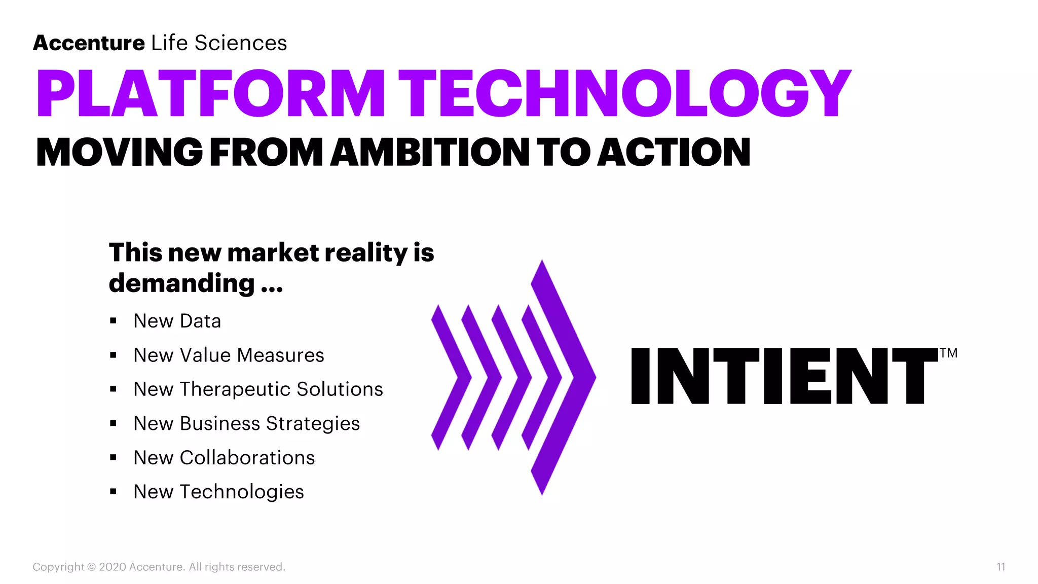11
PLATFORMTECHNOLOGY
This new market reality is
demanding …
▪ New Data
▪ New Value Measures
▪ New Therapeutic Solutions
▪ New Business Strategies
▪ New Collaborations
▪ New Technologies
INTIENT
MOVINGFROMAMBITIONTOACTION
TM
Accenture Life Sciences
Copyright © 2020 Accenture. All rights reserved.
 