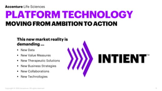 11
PLATFORMTECHNOLOGY
This new market reality is
demanding …
▪ New Data
▪ New Value Measures
▪ New Therapeutic Solutions
▪ New Business Strategies
▪ New Collaborations
▪ New Technologies
INTIENT
MOVINGFROMAMBITIONTOACTION
TM
Accenture Life Sciences
Copyright © 2020 Accenture. All rights reserved.
 