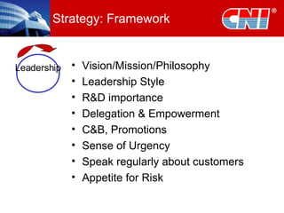 Strategy: Framework Vision/Mission/Philosophy Leadership Style R&D importance Delegation & Empowerment C&B, Promotions Sense of Urgency Speak regularly about customers Appetite for Risk Leadership 