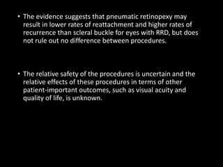 • The evidence suggests that pneumatic retinopexy may
result in lower rates of reattachment and higher rates of
recurrence than scleral buckle for eyes with RRD, but does
not rule out no difference between procedures.
• The relative safety of the procedures is uncertain and the
relative effects of these procedures in terms of other
patient-important outcomes, such as visual acuity and
quality of life, is unknown.
 