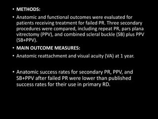 • METHODS:
• Anatomic and functional outcomes were evaluated for
patients receiving treatment for failed PR. Three secondary
procedures were compared, including repeat PR, pars plana
vitrectomy (PPV), and combined scleral buckle (SB) plus PPV
(SB+PPV).
• MAIN OUTCOME MEASURES:
• Anatomic reattachment and visual acuity (VA) at 1 year.
• Anatomic success rates for secondary PR, PPV, and
SB+PPV after failed PR were lower than published
success rates for their use in primary RD.
 