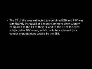 • The CT of the eyes subjected to combined ESB and PPV was
significantly increased at 6 months or more after surgery
compared to the CT of their FE and to the CT of the eyes
subjected to PPV alone, which could be explained by a
venous engorgement caused by the ESB.
 
