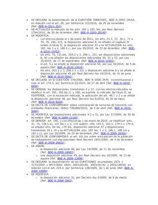  SE DECLARA la desestimación de la CUESTIÓN 3988/2001, BOE-A-2003-18164, 
en relación con el art. 28, por Sentencia 121/2010, de 29 de noviembre 
(Ref. BOE-A-2011-263). 
 SE ACTUALIZA lo indicado de los arts. 182 y 182. bis, por Real Decreto 
1794/2010, de 30 de diciembre (Ref. BOE-A-2010-20149). 
 SE MODIFICA: 
o con efectos desde el 1 de enero de 2011, los arts. 23.3, 37, 38.1, 71 a 
74, 76, 180, 215, la disposición adicional 8, se añaden el capítulo IV 
sexies al título II, la disposición adicional 53 y se ACTUALIZAN los arts. 
182. bis 1 y 2, 186.1.c, por Ley 39/2010, de 22 de diciembre (Ref. BOE-A- 
2010-19703). 
o los arts. 73, 131.bis, 203.2 y 3, 208.1, 231, las disposiciones adicionales 
6, 40 y se añaden las disposiciones adicionales 49, 51 y 52, por Ley 
35/2010, de 17 de septiembre (Ref. BOE-A-2010-14301). 
o el art. 5 y se añade la disposición adicional 50, por Ley 32/2010, de 5 de 
agosto (Ref. BOE-A-2010-12616). 
o los arts. 203.2 y 3, 208.1.3 y 231 y disposición adicional 6 y se añade la 
disposición adicional 49 por Real Decreto-ley 10/2010, de 16 de junio 
(Ref. BOE-A-2010-9542). 
 SE DECLARA en la CUESTIÓN 176/2006, BOE-A-2006-3439, inconstitucional y 
nulo el art. 174.3, por Sentencia 22/2010, de 27 de abril (Ref. BOE-A-2010- 
8494). 
 SE DEROGA las disposiciones transitorias 4 y 17; con los efectos indicados se 
modifica el art. 181, 182.bis.1) y 189, se suprime lo indicado del título II, se 
SUSPENDE, con la excepción indicada, la aplicación del art. 48.1 y 2 y se añade 
la disposición adicional 48, por Real Decreto-ley 8/2010, de 20 de mayo 
(Ref. BOE-A-2010-8228). 
 SE DICTA DE CONFORMIDAD sobre contratación de servicios de tesorería con 
entidades financieras: Orden TIN/866/2010, de 5 de abril (Ref. BOE-A-2010- 
5664). 
 SE MODIFICA las disposiciones adicionales 4.2 y 31, por Ley 27/2009, de 30 de 
diciembre (Ref. BOE-A-2009-21160). 
 SE DEROGA art. 190, y con efectos de 1 de enero de 2010, se modifican arts. 
31, 73, 128.1.a), 131 bis.1 y 2, 133 quáter, 140, 143.3, 162.1, 174.2 y 179.3, 
se añaden arts. 66 bis, 179 bis, disposición adicional 47 y disposiciones 
transitorias 18 y 19 y se ACTUALIZAN arts. 182 bis. 1 y 2, 186.1, 188 ter y 
182.1.c), por Ley 26/2009, de 23 de diciembre (Ref. BOE-A-2009-20765). 
 SE DICTA DE CONFORMIDAD el art. 161.bis sobre anticipación de la jubilación 
de trabajadores con discapacidad: Real Decreto 1851/2009, de 4 de diciembre 
(Ref. BOE-A-2009-20652). 
 SE AÑADE: 
o la disposición adicional 46, por Ley 14/2009, de 11 de noviembre 
(Ref. BOE-A-2009-18003). 
o una disposición adicional 45, por Real Decreto-ley 10/2009, de 13 de 
agosto (Ref. BOE-A-2009-13496). 
 SE DECLARA la desestimación de las CUESTIONES acumuladas 2531 y 
3173/2002 y 4817/2003 (Refs. 2003/20140, 2003/20142 y 2003/18818) en 
relación con el art. 219.2, por Sentencia 128/2009, de 1 de junio (Ref. BOE-A- 
2009-10984). 
 SE MODIFICA: 
o la disposición adicional 31, por Decreto-ley 2/2009, de 6 de marzo 
(Ref. BOE-A-2009-3903). 
 