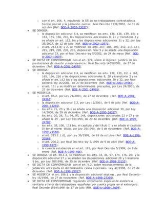 o con el art. 166. 4, regulando la SS de los trabajadores contratados a 
tiempo parcial y la jubilación parcial: Real Decreto 1131/2002, de 31 de 
octubre (Ref. BOE-A-2002-23037). 
 SE DEROGA: 
o la disposición adicional 8.4, se modifican los arts. 136, 138, 139, 161 a 
163, 165, 166, 216, las disposiciones adicionales 8, 21 y transitoria 3 y 
se añade un art. 112. bis y las disposiciones adicionales 31 y 32, por Ley 
35/2002, de 12 de julio (Ref. BOE-A-2002-13972). 
o el art. 213.1.b) y 2, se modifican los arts. 207, 208, 209, 212, 213.1.c), 
215, 219, 228, 230, 231, disposición final 5 y se añade una disposición 
adicional 33, por el Real Decreto-ley 5/2002, de 24 de mayo (Ref. BOE-A- 
2002-10097). 
 SE DICTA DE CONFORMIDAD con el art. 174, sobre el régimen jurídico de las 
prestaciones de muerte y supervivencia: Real Decreto 1465/2001, de 27 de 
diciembre (Ref. BOE-A-2001-24970). 
 SE DEROGA: 
o la disposición adicional 8.4, se modifican los arts. 138, 139, 161 a 163, 
165, 166, 216 y las disposiciones adicionales 8, 20 y transitoria 3 y se 
añade el art. 112 bis y las disposiciones adicionales 30 y 32, por Real 
Decreto-ley 16/2001, de 27 de diciembre (Ref. BOE-A-2001-24967). 
o el art. 101 y se modifican determinados preceptos, por Ley 24/2001, de 
27 de diciembre (Ref. BOE-A-2001-24965). 
 SE MODIFICA: 
o el art. 86.2, por Ley 21/2001, de 27 de diciembre (Ref. BOE-A-2001- 
24962). 
o la disposición adicional 7.2, por Ley 12/2001, de 9 de julio (Ref. BOE-A- 
2001-13265). 
o los arts. 21, 23 y 36 y se añade una disposición adicional 30, por Ley 
14/2000, de 29 de diciembre (Ref. BOE-A-2000-24357). 
o los arts. 20, 26, 71, 94, 97, 148, disposiciones adicionales 22 y 27 y se 
añade la 29 , por Ley 55/1999, de 29 de diciembre (Ref. BOE-A-1999- 
24786). 
o los arts. 38, 106, 133 bis, el capítulo V del título II y se añade el capítulo 
IV ter al mismo título, por Ley 39/1999, de 5 de noviembre (Ref. BOE-A- 
1999-21568). 
o el art. 215.1.1.d), por Ley 36/1999, de 18 de octubre (Ref. BOE-A-1999- 
20569). 
o el art. 206.2, por Real Decreto-ley 5/1999 de 9 de abril (Ref. BOE-A- 
1999-8176). 
o la cuantía establecida en el art. 181, por Real Decreto 5/1999, de 8 de 
enero (Ref. BOE-A-1999-466). 
 SE DEROGA el art. 48.1.3, se modifican los arts. 33, 36, 97, 174, 176, 201 y la 
disposición adicional 27 y se añaden las disposiciones adicional 28 y transitoria 
5 bis, por Ley 50/1998, de 30 de diciembre (Ref. BOE-A-1998-30155). 
 SE DICTA DE CONFORMIDAD con el art. 9.2, sobre reconociemiento de la 
jubilación anticipada en determinados casos especiales: Ley 47/1998, de 23 de 
diciembre (Ref. BOE-A-1998-29917). 
 SE MODIFICA el art. 166.1 y la disposición adicional séptima , por Real Decreto-ley 
15/1998, de 27 de noviembre (Ref. BOE-A-1998-27395). 
 SE DICTA DE CONFORMIDAD regulando el Convenio especial de asistencia 
sanitaria a favor de trabajadores españoles por cuenta propia en el extranjero: 
Real Decreto 1564/1998 de 17 de julio (Ref. BOE-A-1998-17694). 
 