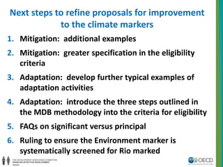 Next steps to refine proposals for improvement 
to the climate markers 
1. Mitigation: additional examples 
2. Mitigation: greater specification in the eligibility 
criteria 
3. Adaptation: develop further typical examples of 
adaptation activities 
4. Adaptation: introduce the three steps outlined in 
the MDB methodology into the criteria for eligibility 
5. FAQs on significant versus principal 
6. Ruling to ensure the Environment marker is 
systematically screened for Rio marked 
 