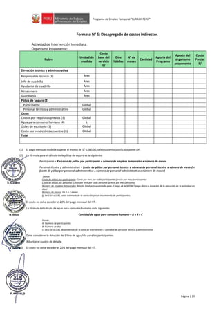 Página | 19
Programa de Empleo Temporal “LURAWI PERÚ”
Formato N° 5: Desagregado de costos indirectos
Actividad de Intervención Inmediata:
Organismo Proponente:
Rubro
Unidad de
medida
Costo
base del
servicio
S/
Días
hábiles
N° de
meses
Cantidad
Aporte del
Programa
Aporte del
organismo
proponente
Costo
Parcial
S/
Dirección técnica y administrativa
Responsable técnico (1) Mes
Jefe de cuadrilla Mes
Ayudante de cuadrilla Mes
Almacenero Mes
Guardianía Mes
Póliza de Seguro (2)
Participante Global
Personal técnico y administrativo Global
Otros
Costos por requisitos previos (3) Global
Agua para consumo humano (4) L
Útiles de escritorio (5) Global
Costo por rendición de cuentas (6) Global
Total
(1) El pago mensual no debe superar el monto de S/ 6,000.00, salvo sustento justificado por el OP.
(2) La fórmula para el cálculo de la póliza de seguro es la siguiente:
Participante = K x costo de póliza por participante x número de empleos temporales x número de meses
Personal técnico y administrativo = (costo de póliza por personal técnico x número de personal técnico x número de meses) +
(costo de póliza por personal administrativo x número de personal administrativo x número de meses)
Donde:
Costo de póliza por participante: Costo por mes por cada participante (precio por mes/participante)
Costo de póliza por personal: Costo por mes por cada personal (precio por mes/personal)
Número de empleos temporales: Monto total presupuestado para el pago de la MONC/(pago diario x duración de la ejecución de la actividad en
días)
Número de meses: De 1 o 2 meses
K: De 1.10 a 1.30, valor estimado de la variación por el movimiento de participantes.
(3) El costo no debe exceder el 20% del pago mensual del RT.
(4) La fórmula del cálculo de agua para consumo humano es la siguiente:
Cantidad de agua para consumo humano = A x B x C
Donde:
A: Número de participantes
B: Número de días
C: De 1.00 a 1.30, dependiendo de la zona de intervención y cantidad de personal técnico y administrativo
Debe considerar la dotación de 1 litro de agua/día para los participantes.
(5) Adjuntar el cuadro de detalle.
(6) El costo no debe exceder el 20% del pago mensual del RT.
 