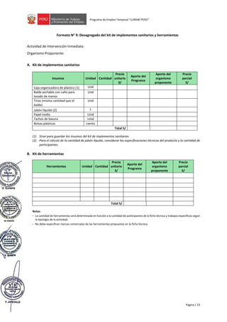 Página | 23
Programa de Empleo Temporal “LURAWI PERÚ”
Formato N° 9: Desagregado del kit de implementos sanitarios y herramientas
Actividad de Intervención Inmediata:
Organismo Proponente:
A. Kit de implementos sanitarios
Insumos Unidad Cantidad
Precio
unitario
S/
Aporte del
Programa
Aporte del
organismo
proponente
Precio
parcial
S/
Caja organizadora de plástico (1) Und
Balde portable con caño para
lavado de manos
Und
Tinas (misma cantidad que el
balde)
Und
Jabón líquido (2) L
Papel toalla Unid
Tachos de basura Unid
Bolsas plásticas ciento
Total S/
(1) Sirve para guardar los insumos del kit de implementos sanitarios
(2) Para el cálculo de la cantidad de jabón líquido, considerar las especificaciones técnicas del producto y la cantidad de
participantes.
B. Kit de herramientas
Herramientas Unidad Cantidad
Precio
unitario
S/
Aporte del
Programa
Aporte del
organismo
proponente
Precio
parcial
S/
Total S/
Notas:
- La cantidad de herramientas será determinada en función a la cantidad de participantes de la ficha técnica y trabajos específicos según
la tipología de la actividad.
- No debe especificar marcas comerciales de las herramientas propuestas en la ficha técnica.
 