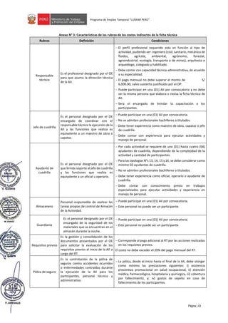 Página | 43
Programa de Empleo Temporal “LURAWI PERÚ”
Anexo N° 3: Características de los rubros de los costos indirectos de la ficha técnica
Rubros Definición Condiciones
Responsable
técnico
Es el profesional designado por el OE
para que asuma la dirección técnica
de la AII.
− El perfil profesional requerido esta en función al tipo de
actividad, pudiendo ser: ingeniero (civil, sanitario, mecánica de
fluidos, agrícola, ambiental, agrónomo, forestal,
agroindustrial, ecología, transporte o de minas), arquitecto o
arqueólogo, colegiado y habilitado.
− Debe contar con capacidad técnica-administrativa, de acuerdo
a su especialidad.
− El pago mensual no debe superar el monto de S/
6,000.00, salvo sustento justificado por el OP.
− Puede participar en una (01) AII por convocatoria y no debe
ser la misma persona que elabora o revisa la ficha técnica de
AII.
− Sera el encargado de brindar la capacitación a los
participantes.
Jefe de cuadrilla
Es el personal designado por el OE
encargado de coordinar con el
responsable técnico la ejecución de la
AII y las funciones que realiza es
equivalente a un maestro de obra o
capataz.
− Puede participar en una (01) AII por convocatoria.
− No se admiten profesionales bachilleres o titulados.
− Debe tener experiencia como maestro de obra, capataz o jefe
de cuadrilla.
− Debe contar con experiencia para ejecutar actividades y
manejo de personal.
Ayudante de
cuadrilla
Es el personal designado por el OE
que brinda soporte al jefe de cuadrilla
y las funciones que realiza es
equivalente a un oficial u operario.
− Por cada actividad se requiere de uno (01) hasta cuatro (04)
ayudantes de cuadrilla, dependiendo de la complejidad de la
actividad y cantidad de participantes.
− Para las tipologías N°s 13, 14, 15 y 16, se debe considerar como
mínimo 02 ayudantes de cuadrilla.
− No se admiten profesionales bachilleres o titulados.
− Debe tener experiencia como oficial, operario o ayudante de
cuadrilla.
− Debe contar con conocimiento previo en trabajos
especializados para ejecutar actividades y experiencia en
manejo de personal.
Almacenero
Personal responsable de realizar las
tareas propias de control de Almacén
de la Actividad.
− Puede participar en una (01) AII por convocatoria.
− Este personal no puede ser un participante.
Guardianía
Es el personal designado por el OE
encargado de la seguridad de los
materiales que se encuentran en el
almacén durante la noche.
− Puede participar en una (01) AII por convocatoria.
− Este personal no puede ser un participante.
Requisitos previos
Es la gestión y consolidación de los
documentos presentados por el OE
para solicitar la evaluación de los
requisitos previos al inicio de la AII a
cargo del RT.
− Corresponde al pago adicional al RT por las acciones realizadas
en los requisitos previos.
El costo no debe exceder el 20% del pago mensual del RT.
Póliza de seguro
Es la contratación de la póliza de
seguros contra accidentes ocurridos
o enfermedades contraídas durante
la ejecución de la AII para los
participantes, personal técnico y
administrativo.
− La póliza, desde el inicio hasta el final de la AII, debe otorgar
como mínimo las prestaciones siguientes: i) asistencia
preventiva promocional en salud ocupacional, ii) atención
médica, farmacológica, hospitalaria y quirúrgica, iii) cobertura
por fallecimiento, y; iv) gastos de sepelio en caso de
fallecimiento de los participantes.
 