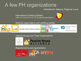 A few PH organizations International, National, Regional, Local International Certifying Bodies:  (Visit  www.passivehouse.com  to view the growing list.) National organizations and certifying bodies:  Interest Groups and Trade Organizations:  Regional and Local organizations:  