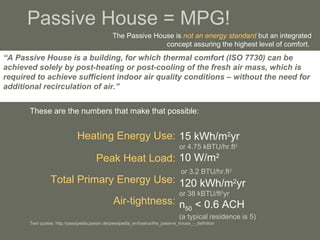 Passive House = MPG! Heating Energy Use: Peak Heat Load: Total Primary Energy Use: Air-tightness: 15 kWh/m 2 yr or 4.75 kBTU/hr.ft 2 10 W/m 2 or 3.2 BTU/hr.ft 2 120 kWh/m 2 yr or 38 kBTU/ft 2 yr n 50  < 0.6 ACH (a typical residence is 5) The Passive House is  not an energy standard  but an integrated concept assuring the highest level of comfort.  These are the numbers that make that possible: “ A Passive House is a building, for which thermal comfort (ISO 7730) can be achieved solely by post-heating or post-cooling of the fresh air mass, which is required to achieve sufficient indoor air quality conditions – without the need for additional recirculation of air.” Text quotes: http://passipedia.passiv.de/passipedia_en/basics/the_passive_house_-_definition 