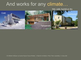 And works for any  climate… Hot, cold, humid or dry Cold   1:DI Wilhelm Hofbauer via Austria Passive House Whistler,  2: Maschin Architektur, Photo: Peter Jacadofsky, 3: Corey Saft Temperate Hot/Humid 