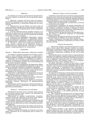 BOE núm. 4                                           Jueves 4 enero 2007                                                   479

                         Objetivos                                          Bloque 3. Cultura y vida en sociedad
    En relación con el área, la intervención educativa ten-          La familia y la escuela como primeros grupos sociales
drá como objetivo el desarrollo de las siguientes capaci-        de pertenencia. Toma de conciencia de la necesidad de su
dades:                                                           existencia y funcionamiento mediante ejemplos del papel
    1. Observar y explorar de forma activa su entorno,           que desempeñan en su vida cotidiana. Valoración de las
generando interpretaciones sobre algunas situaciones y           relaciones afectivas que en ellos se establecen.
hechos significativos, y mostrando interés por su cono-              Observación de necesidades, ocupaciones y servicios
cimiento.                                                        en la vida de la comunidad.
                                                                     Incorporación progresiva de pautas adecuadas de
    2. Relacionarse con los demás, de forma cada vez             comportamiento, disposición para compartir y para resol-
más equilibrada y satisfactoria, interiorizando progresiva-      ver conflictos cotidianos mediante el diálogo de forma
mente las pautas de comportamiento social y ajustando            progresivamente autónoma, atendiendo especialmente a
su conducta a ellas.                                             la relación equilibrada entre niños y niñas.
    3. Conocer distintos grupos sociales cercanos a su               Reconocimiento de algunas señas de identidad cultu-
experiencia, algunas de sus características, producciones        ral del entorno e interés por participar en actividades
culturales, valores y formas de vida, generando actitudes        sociales y culturales.
de confianza, respeto y aprecio.                                     Identificación de algunos cambios en el modo de vida
    4. Iniciarse en las habilidades matemáticas, manipu-         y las costumbres en relación con el paso del tiempo.
lando funcionalmente elementos y colecciones, identifi-              Interés y disposición favorable para entablar relacio-
cando sus atributos y cualidades, y estableciendo relaciones     nes respetuosas, afectivas y recíprocas con niños y niñas
de agrupamientos, clasificación, orden y cuantificación.         de otras culturas.
    5. Conocer y valorar los componentes básicos del
medio natural y algunas de sus relaciones, cambios y                               Criterios de evaluación
transformaciones, desarrollando actitudes de cuidado,
respeto y responsabilidad en su conservación.                         1. Discriminar objetos y elementos del entorno inme-
                                                                 diato y actuar sobre ellos. Agrupar, clasificar y ordenar
                        Contenidos                               elementos y colecciones según semejanzas y diferencias
                                                                 ostensibles, discriminar y comparar algunas magnitudes
Bloque 1.    Medio físico: Elementos, relaciones y medida        y cuantificar colecciones mediante el uso de la serie
                                                                 numérica.
     Los objetos y materias presentes en el medio, sus fun-           Se pretende valorar con este criterio la capacidad para
ciones y usos cotidianos. Interés por su exploración y           identificar los objetos y materias presentes en su entorno,
actitud de respeto y cuidado hacia objetos propios y ajenos.     el interés por explorarlos mediante actividades manipula-
     Percepción de atributos y cualidades de objetos y           tivas y establecer relaciones entre sus características o
materias. Interés por la clasificación de elementos y por        atributos (forma, color, tamaño, peso…) y su comporta-
explorar sus cualidades y grados. Uso contextualizado de         miento físico (caer, rodar, resbalar, botar…).
los primeros números ordinales.                                       Se refiere, asimismo, al modo en que niños y niñas
     Aproximación a la cuantificación de colecciones. Utiliza-   van desarrollando determinadas habilidades lógico mate-
ción del conteo como estrategia de estimación y uso de los       máticas, como consecuencia del establecimiento de rela-
números cardinales referidos a cantidades manejables.            ciones cualitativas y cuantitativas entre elementos y
     Aproximación a la serie numérica y su utilización oral      colecciones. También se observará la capacidad desarro-
para contar. Observación y toma de conciencia de la fun-         llada para resolver sencillos problemas matemáticos de
cionalidad de los números en la vida cotidiana.                  su vida cotidiana.
     Exploración e identificación de situaciones en que se            Se valorará el interés por la exploración de las relacio-
hace necesario medir. Interés y curiosidad por los instru-       nes numéricas con materiales manipulativos y el recono-
mentos de medida. Aproximación a su uso.                         cimiento de las magnitudes relativas a los números ele-
     Estimación intuitiva y medida del tiempo. Ubicación         mentales (p.ej. que el número cinco representa cinco
temporal de actividades de la vida cotidiana.                    cosas, independientemente del espacio que ocupen, de
     Situación de sí mismo y de los objetos en el espacio.       su tamaño, forma o de otras características) así como el
Posiciones relativas. Realización de desplazamientos             acercamiento a la comprensión de los números en su
orientados.                                                      doble vertiente cardinal y ordinal, el conocimiento de
     Identificación de formas planas y tridimensionales en       algunos de sus usos y su capacidad para utilizarlos en
elementos del entorno. Exploración de algunos cuerpos            situaciones propias de la vida cotidiana.
geométricos elementales.                                              Se tendrá en cuenta, asimismo, el manejo de las
                                                                 nociones básicas espaciales (arriba, abajo; dentro, fuera;
         Bloque 2. Acercamiento a la naturaleza                  cerca, lejos…), temporales (antes, después, por la
                                                                 mañana, por la tarde…) y de medida (pesa más, es más
    Identificación de seres vivos y materia inerte como el       largo, está más lleno).
sol, animales, plantas, rocas, nubes o ríos. Valoración de            2. Dar muestras de interesarse por el medio natural,
su importancia para la vida.                                     identificar y nombrar algunos de sus componentes, esta-
    Observación de algunas características, comporta-            blecer relaciones sencillas de interdependencia, manifes-
mientos, funciones y cambios en los seres vivos. Aproxi-         tar actitudes de cuidado y respeto hacia la naturaleza, y
mación al ciclo vital, del nacimiento a la muerte.               participar en actividades para conservarla.
    Curiosidad, respeto y cuidado hacia los elementos del             Con este criterio se valora el interés, conocimiento y
medio natural, especialmente animales y plantas. Interés         grado de sensibilización por los elementos de la natura-
y gusto por las relaciones con ellos, rechazando actuacio-       leza, tanto vivos como inertes; la indagación de algunas
nes negativas.                                                   características y funciones generales, acercándose a la
    Observación de fenómenos del medio natural (lluvia,          noción de ciclo vital y constatando los cambios que éste
viento, día, noche). Formulación de conjeturas sobre sus         conlleva.
causas y consecuencias.                                               Se valorará también si son capaces de establecer
    Disfrute al realizar actividades en contacto con la natu-    algunas relaciones entre medio físico y social, identifi-
raleza. Valoración de su importancia para la salud y el          cando cambios naturales que afectan a la vida cotidiana
bienestar.                                                       de las personas (cambios de estaciones, temperatura…) y
 