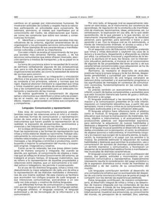 480                                                Jueves 4 enero 2007                                          BOE núm. 4

cambios en el paisaje por intervenciones humanas. Se               Por otro lado, el lenguaje oral es especialmente rele-
mostrarán actitudes de cuidado y respeto hacia la natura-      vante en esta etapa, es el instrumento por excelencia de
leza participando en actividades para conservarla. Se          aprendizaje, de regulación de la conducta y de manifesta-
estimará, asimismo, el interés que manifiestan por el          ción de vivencias, sentimientos, ideas, emociones, etc. La
conocimiento del medio, las observaciones que hacen,           verbalización, la explicación en voz alta, de lo que están
así como las conjeturas que sobre sus causas y conse-          aprendiendo, de lo que piensan y lo que sienten, es un
cuencias formulan.                                             instrumento imprescindible para configurar la identidad
    3. Identificar y conocer los grupos sociales más sig-      personal, para aprender, para aprender a hacer y para
nificativos de su entorno, algunas características de su       aprender a ser. Con la lengua oral se irá estimulando, a
organización y los principales servicios comunitarios que      través de interacciones diversas, el acceso a usos y for-
ofrece. Poner ejemplos de sus características y manifesta-     mas cada vez más convencionales y complejas.
ciones culturales, y valorar su importancia.                       En el segundo ciclo de Educación infantil se pretende
    Con este criterio se evalúa el conocimiento de los gru-    que niños y niñas descubran y exploren los usos de la
pos sociales más cercanos (familia, escuela…), de los          lectura y la escritura, despertando y afianzando su interés
servicios comunitarios que éstos ofrecen (mercado, aten-       por ellos. La utilización funcional y significativa de la lec-
ción sanitaria o medios de transporte), y de su papel en la    tura y la escritura en el aula, les llevará, con la interven-
sociedad.                                                      ción educativa pertinente, a iniciarse en el conocimiento
    La toma de conciencia sobre la necesidad de lo social,     de algunas de las propiedades del texto escrito y de sus
se estimará verbalizando algunas de las consecuencias          características convencionales cuya adquisición se ha de
que, para la vida de las personas, tendría la ausencia de      completar en el primer ciclo de Primaria.
organizaciones sociales, así como la necesidad de dotarse          Asimismo, es necesario el desarrollo de actitudes
de normas para convivir.                                       positivas hacia la propia lengua y la de los demás, desper-
    Se observará, asimismo, su integración y vinculación       tando sensibilidad y curiosidad por conocer otras len-
afectiva a los grupos más cercanos y la acomodación de         guas. En la introducción de una lengua extranjera se
su conducta a los principios, valores y normas que los         valorará dicha curiosidad y el acercamiento progresivo a
                                                               los significados de mensajes en contextos de comunica-
rigen. Especial atención merecerá la capacidad que niñas       ción conocidos, fundamentalmente en las rutinas habi-
y niños muestren para el análisis de situaciones conflicti-    tuales de aula.
vas y las competencias generadas para un adecuado tra-             Es preciso también un acercamiento a la literatura
tamiento y resolución de las mismas.                           infantil, a partir de textos comprensibles y accesibles para
    Se evalúa igualmente la comprensión de algunas             que esta iniciación literaria sea fuente de goce y disfrute,
señas o elementos que identifican a otras culturas presen-     de diversión y de juego.
tes en el medio, así como si establecen relaciones de              El lenguaje audiovisual y las tecnologías de la infor-
afecto, respeto y generosidad con todos sus compañeros         mación y la comunicación presentes en la vida infantil,
y compañeras.                                                  requieren un tratamiento educativo que, a partir del uso
                                                               apropiado, inicie a niñas y niños en la comprensión de los
       Lenguajes: Comunicación y representación                mensajes audiovisuales y en su utilización adecuada.
    Esta área de conocimiento y experiencia pretende               El lenguaje artístico hace referencia tanto al plástico
también mejorar las relaciones entre el niño y el medio.       como al musical. El lenguaje plástico tiene un sentido
Las distintas formas de comunicación y representación          educativo que incluye la manipulación de materiales, tex-
sirven de nexo entre el mundo exterior e interior al ser       turas, objetos e instrumentos, y el acercamiento a las
instrumentos que hacen posible la representación de la         producciones plásticas con espontaneidad expresiva,
realidad, la expresión de pensamientos, sentimientos y         para estimular la adquisición de nuevas habilidades y
vivencias y las interacciones con los demás.                   destrezas y despertar la sensibilidad estética y la creativi-
    En la etapa de Educación infantil se amplían y diversi-    dad. El lenguaje musical posibilita el desarrollo de capaci-
fican las experiencias y las formas de representación que      dades vinculadas con la percepción, el canto, la utilización
niñas y niños elaboran desde su nacimiento. Trabajar edu-      de objetos sonoros e instrumentos, el movimiento corpo-
                                                               ral y la creación que surgen de la escucha atenta, la explo-
cativamente la comunicación implica potenciar las capa-        ración, la manipulación y el juego con los sonidos y la
cidades relacionadas con la recepción e interpretación de      música. Se pretende estimular la adquisición de nuevas
mensajes, y las dirigidas a emitirlos o producirlos, contri-   habilidades y destrezas que permitan la producción, uso y
buyendo a mejorar la comprensión del mundo y la expre-         comprensión de sonidos de distintas características con
sión original, imaginativa y creativa.                         un sentido expresivo y comunicativo, y favorezcan un
    Como ya se ha reiterado, las tres áreas deben traba-       despertar de la sensibilidad estética frente a manifestacio-
jarse de manera conjunta e integrada. Así cuando se            nes musicales de distintas características.
aborde, por ejemplo, el conocimiento de objetos y mate-            El lenguaje corporal tiene que ver con la utilización del
rias que se refleja en el área Conocimiento del entorno, se    cuerpo, sus gestos, actitudes y movimientos con una
trabajará al propio tiempo, el lenguaje matemático, que        intención comunicativa y representativa. Especialmente
se refiere a la representación de aquellas propiedades y       interesante resulta la consideración del juego simbólico y
relaciones entre objetos, que un acercamiento a la reali-      de la expresión dramática como modo de manifestar su
dad activo e indagatorio, les permite ir construyendo.         afectividad y de dar cuenta de su conocimiento del
    En el uso de los distintos lenguajes, niñas y niños irán   mundo.
descubriendo la mejor adaptación de cada uno de ellos a            Los lenguajes contribuyen también al desarrollo de
la representación de las distintas realidades o dimensio-      una competencia artística que va acompañada del desper-
nes de una misma realidad. De esta manera se facilitará        tar de una cierta conciencia crítica que se pone en juego al
que acomoden los códigos propios de cada lenguaje a            compartir con los demás las experiencias estéticas.
sus intenciones comunicativas, acercándose a un uso                Estos lenguajes contribuyen, de manera complemen-
cada vez más propio y creativo de dichos lenguajes.            taria, al desarrollo integral de niños y niñas y se desarro-
    Las diferentes formas de comunicación y representa-        llan de manera integrada con los contenidos de las dos
ción que se integran en esta área son: El Lenguaje verbal,     primeras áreas. A través de los lenguajes desarrollan su
el lenguaje artístico, el lenguaje corporal, el lenguaje       imaginación y creatividad, aprenden, construyen su iden-
audiovisual y de las tecnologías de la información y la        tidad personal, muestran sus emociones, su conocimiento
comunicación.                                                  del mundo, su percepción de la realidad. Son, además,
 