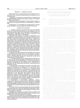 482                                                   Jueves 4 enero 2007                                          BOE núm. 4

               Bloque 4.   Lenguaje corporal
    Descubrimiento y experimentación de gestos y movi-
                                                                            MINISTERIO DE TRABAJO
mientos como recursos corporales para la expresión y la
comunicación.                                                                Y ASUNTOS SOCIALES
    Utilización, con intención comunicativa y expresiva, de
las posibilidades motrices del propio cuerpo con relación         186        ORDEN TAS/1/2007, de 2 de enero, por la que se
al espacio y al tiempo.
    Representación espontánea de personajes, hechos y                        establece el modelo de parte de enfermedad
situaciones en juegos simbólicos, individuales y comparti-                   profesional, se dictan normas para su elabora-
dos.                                                                         ción y transmisión y se crea el correspondiente
    Participación en actividades de dramatización, danzas,                   fichero de datos personales.
juego simbólico y otros juegos de expresión corporal.
                   Criterios de evaluación                            Entre las previsiones de desarrollo que se contienen
                                                                  en el Real Decreto 1299/2006, de 10 de noviembre, por el
     1. Utilizar la lengua oral del modo más conveniente          que se aprueba el cuadro de enfermedades profesionales
para una comunicación positiva con sus iguales y con las          en el sistema de la Seguridad Social y se establecen cri-
personas adultas, según las intenciones comunicativas, y          terios para su notificación y registro, el artículo 4 dispone
comprender mensajes orales diversos, mostrando una                que, en caso de enfermedad profesional, la entidad ges-
actitud de escucha atenta y respetuosa.                           tora o colaboradora que asuma la protección de las con-
     Mediante este criterio se evalúa el desarrollo de la         tingencias profesionales elaborará y tramitará el parte de
capacidad para expresarse y comunicarse oralmente, con            enfermedad profesional correspondiente, en los térmi-
claridad y corrección suficientes, para llevar a cabo diver-      nos que establezcan las disposiciones de aplicación y
sas intenciones comunicativas (pedir ayuda, informar de           desarrollo.
algún hecho, dar sencillas instrucciones, participar en con-          En relación con la previsión indicada, la disposición
versaciones en grupo). Se valorará el interés y el gusto por      adicional primera del citado real decreto encomienda al
la utilización pertinente y creativa de la expresión oral para    Ministerio de Trabajo y Asuntos Sociales la aprobación de
regular la propia conducta, para relatar vivencias, razonar,      un nuevo modelo de parte de enfermedad profesional, así
resolver situaciones conflictivas, comunicar sus estados          como la regulación del mecanismo para su tramitación y
anímicos y compartirlos con los demás. Igualmente este            su transmisión por medios electrónicos, de manera que
criterio se refiere a la capacidad para escuchar y compren-       quede garantizada la fluidez de la información entre la
der mensajes, relatos, producciones literarias, descripcio-       entidad gestora o colaboradora, la empresa, la adminis-
nes, explicaciones, informaciones que les permitan partici-       tración laboral, la Inspección de Trabajo y Seguridad
par en la vida del aula.                                          Social, los servicios de prevención, en su caso, y demás
     El respeto a los demás se ha de manifestar en el interés     instituciones afectadas.
y la atención hacia lo que dicen y en el uso de las conven-           Dado que el parte de enfermedad profesional ha de
ciones sociales (guardar el turno de palabra, escuchar,           surtir efectos a la entrada en vigor del citado real decreto,
mirar al interlocutor, mantener el tema), así como en la          fijada para el día 1 de enero de 2007, esta orden se limita
aceptación de las diferencias.                                    a dar cumplimiento al mandato concreto de desarrollo
     2. Mostrar interés por los textos escritos presentes en      normativo antes expresado, estableciéndose el contenido
el aula y en el entorno próximo, iniciándose en su uso, en        del parte de enfermedad profesional, su tratamiento por
la comprensión de sus finalidades y en el conocimiento de         medios informáticos y su comunicación por vía electró-
algunas características del código escrito. Interesarse y         nica a través de internet, así como la creación del corres-
participar en las situaciones de lectura y escritura que se       pondiente fichero de datos personales, todo ello en el
producen el aula.                                                 ámbito del sistema de la Seguridad Social y sin perjuicio
     Con este criterio se evalúa si los niños y las niñas valo-   de la posibilidad de acceso a la información que en él se
ran y se interesan por la lengua escrita, y se inician en la      contiene por parte de las administraciones, instituciones
utilización funcional de la lectura y la escritura como           públicas, organizaciones y asociaciones con competen-
medios de comunicación, de información y de disfrute. Tal         cias relacionadas con dicha información.
interés se mostrará en la atención y curiosidad por los               El nuevo parte de enfermedad profesional pretende
actos de lectura y de escritura que se realizan en el aula. Se    cumplir con el objetivo de la Unión Europea en cuanto al
observará el uso adecuado del material escrito (libros,           aprovisionamiento de una serie coherente de datos, lo
periódicos, cartas, etiquetas, publicidad…). Se valorará el       que conlleva recoger aquella información que Eurostat
interés por explorar los mecanismos básicos del código            considera necesaria en orden a las tareas de armoniza-
escrito, así como el conocimiento de algunas característi-
cas y convenciones de la lengua escrita, conocimientos            ción estadística, además de facilitar el seguimiento de la
que se consolidarán en la Educación Primaria.                     salud y la seguridad en el trabajo y la eficacia de la regla-
     3. Expresarse y comunicarse utilizando medios,               mentación en este ámbito, contribuyendo a la prevención
materiales y técnicas propios de los diferentes lenguajes         de los riesgos laborales.
artísticos y audiovisuales, mostrando interés por explorar            Una destacable innovación que se introduce en esta
sus posibilidades, por disfrutar con sus producciones y por       regulación reside en la utilización de los datos recogidos
compartir con los demás las experiencias estéticas y comu-        en los ficheros administrativos de la Seguridad Social, de
nicativas.                                                        manera que sólo se demanda la grabación de aquellos
     Con este criterio se evalúa el desarrollo de las habilida-   campos que suponen una ampliación de la información
des expresivas por medio de diferentes materiales, instru-        que no se encuentra ya disponible en las bases de datos de
mentos y técnicas propios de los lenguajes musical, audio-        Seguridad Social. Este avance supone el incremento del
visual, plástico y corporal.                                      nivel de fiabilidad y utilidad de la información acumulada,
     Se observará el gusto por experimentar y explorar las        lo que redundará a posteriori en una mejora de la función
posibilidades expresivas del gesto los movimientos, la voz        de análisis, así como en la consecución de una mayor agi-
y también, el color, la textura o los sonidos.                    lidad y eficacia en la gestión de la comunicación.
     Se valorará el desarrollo de la sensibilidad estética y de       Por último, debido al carácter especialmente prote-
actitudes positivas hacia las producciones artísticas en dis-     gido de los datos relativos a enfermedades profesionales,
tintos medios, junto con el interés por compartir las expe-       se hace preciso adoptar las medidas de índole técnica y
riencias estéticas.                                               organizativa necesarias para garantizar su seguridad y
 