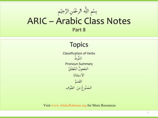 ّٓ‫ل‬‫ال‬ ۬‫م‬‫ۮ‬‫س‬۬‫ب‬۪‫م‬‫ۮ‬‫ح‬ َّ‫الر‬ ۬‫ه‬۬‫م‬‫ۮ‬‫ي‬ ۬‫ح‬َّ‫ر‬‫ال‬ ۬‫ن‬
ARIC – Arabic Class Notes
Part 8
1
TopicsTopics
Classification of Verbs
۫‫الشَّرط‬
Pronoun Summary
۫‫ل‬‫فعو‬۪‫م‬‫ال‬۫‫ق‬۪‫ل‬‫ط‬۫‫م‬‫ال‬
۫‫اء‬۪‫ن‬‫ث‬۬‫ت‬‫س‬ ۬‫الا‬
۫‫م‬۪‫۪س‬‫ق‬‫ال‬
۪‫ن‬۬‫م‬ ۫‫ع‬‫و‬۫‫ن‬‫م‬۪‫م‬‫ال‬۬‫رف‬َّ‫الص‬
Visit ResourcesMoreforAbdurRahman.orgwww.
 