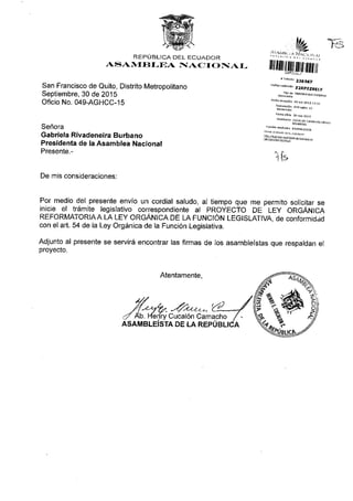 "PROYECTO DE LEY ORGÁNICA REFORMATORIA A LA LEY ORGÁNICA DE LA FUNCIÓN LEGISLATIVA"