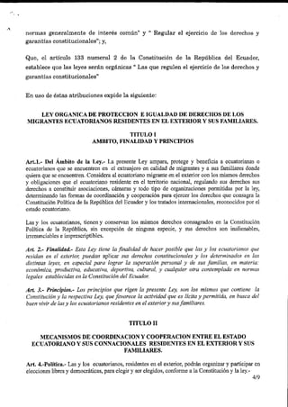 Proyecto de Ley Orgánica de Protección e Igualdad de Derechos de los Migrantes Ecuatorianos Residentes en el Exterior y su...