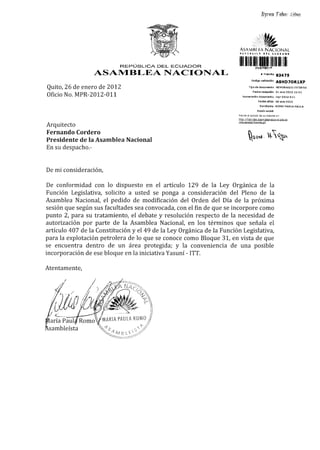 Resolución Autorización de la Asamblea Nacional para la explotación petrolera del Bloque 31