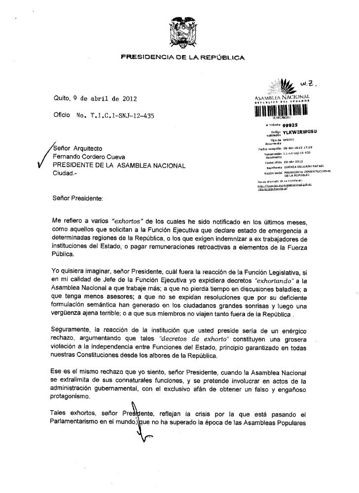 Carta de Correa a la Asamblea