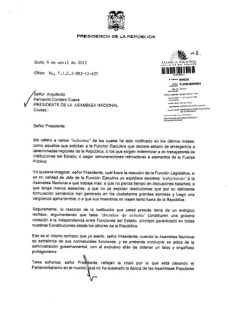 Oficio sobre exhortos suscrito por el Presidente de la República, Rafael Correa Delgado