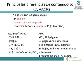 Principales diferencias de contenido con
RC, AACR2
– No se utilizan las abreviaturas
2ª edición
Tercera edición ampliada
Colección histórica ; número 15 (alternativa)
RC/ISBD/AACR2
RDA
XVII, 323 p.
XVII, 323 páginas
[93] p.
93 páginas no numeradas
3 v. (1397 p.)
3 volúmenes (1397 páginas)
33, [31] h.
33 hojas, 31 hojas no numeradas
v. [p. seriada incompleta] volúmenes
1 recurso en línea (75 páginas)

 
