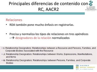 Principales diferencias de contenido con
RC, AACR2
Relaciones
• RDA también pone mucho énfasis en registrarlas.
• Precisa y normaliza los tipos de relaciones en tres apéndices
-- designadores de la relación normalizados

 
