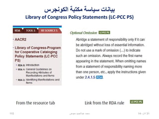 ‫الكونجرس‬ ‫مكتبة‬ ‫سياسة‬ ‫بيانات‬
Library of Congress Policy Statements (LC-PCC PS)
02،‫نيسان‬14‫معوض‬ ‫عبدالحميد‬ ‫محمد‬115
 