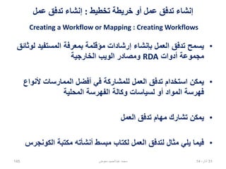 ‫تخطيط‬ ‫خريطة‬ ‫أو‬ ‫عمل‬ ‫تدفق‬ ‫إنشاء‬:‫عمل‬ ‫تدفق‬ ‫إنشاء‬
Creating a Workflow or Mapping : Creating Workflows
•‫لوثائق‬ ‫المستفيد‬ ‫بمعرفة‬ ‫مؤقلمة‬ ‫إرشادات‬ ‫بإنشاء‬ ‫العمل‬ ‫تدفق‬ ‫يسمح‬
‫أدوات‬ ‫مجموعة‬RDA‫الخارجية‬ ‫الويب‬ ‫ومصادر‬
•‫ألنواع‬ ‫الممارسات‬ ‫أفضل‬ ‫في‬ ‫للمشاركة‬ ‫العمل‬ ‫تدفق‬ ‫استخدام‬ ‫يمكن‬
‫المحلية‬ ‫الفهرسة‬ ‫وكالة‬ ‫لسياسات‬ ‫أو‬ ‫المواد‬ ‫فهرسة‬
•‫العمل‬ ‫تدفق‬ ‫مهام‬ ‫تشارك‬ ‫يمكن‬
•‫الكونجرس‬ ‫مكتبة‬ ‫أنشأته‬ ‫مبسط‬ ‫لكتاب‬ ‫العمل‬ ‫لتدفق‬ ‫مثال‬ ‫يلي‬ ‫فيما‬
02،‫نيسان‬14145 ‫معوض‬ ‫عبدالحميد‬ ‫محمد‬
 