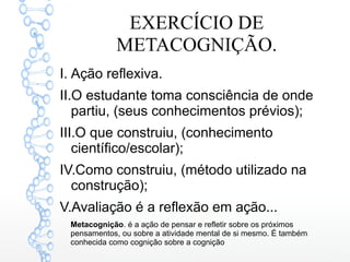 EXERCÍCIO DE
METACOGNIÇÃO.
I. Ação reflexiva.
II.O estudante toma consciência de onde
partiu, (seus conhecimentos prévios);
III.O que construiu, (conhecimento
científico/escolar);
IV.Como construiu, (método utilizado na
construção);
V.Avaliação é a reflexão em ação...
Metacognição. é a ação de pensar e refletir sobre os próximos
pensamentos, ou sobre a atividade mental de si mesmo. É também
conhecida como cognição sobre a cognição
 