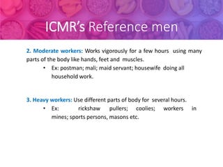 ICMR’s Reference men
2. Moderate workers: Works vigorously for a few hours using many
parts of the body like hands, feet and muscles.
• Ex: postman; mali; maid servant; housewife doing all
household work.
3. Heavy workers: Use different parts of body for several hours.
• Ex: rickshaw pullers; coolies; workers in
mines; sports persons, masons etc.
 