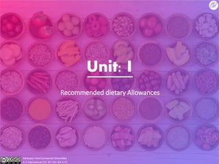 Unit: I
Recommended dietary Allowances
Attribution-NonCommercial-ShareAlike
4.0 International (CC BY-NC-SA 4.0)
 