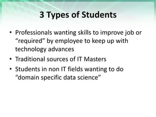 3 Types of Students
• Professionals wanting skills to improve job or
“required” by employee to keep up with
technology adv...