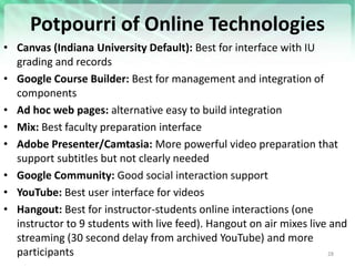Potpourri of Online Technologies
• Canvas (Indiana University Default): Best for interface with IU
grading and records
• G...