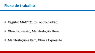 Fluxo de trabalho
 Registro MARC 21 (ou outro padrão)
 Obra, Expressão, Manifestação, Item
 Manifestação e Item, Obra e Expressão
 