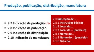 Produção, publicação, distribuição, manufatura
 2.7 Indicação de produção (recursos não publicados)
 2.8 Indicação de publicação
 2.9 Indicação de distribuição
 2.10 Indicação de manufatura
2.x Indicação de...
2.x.1 Instruções básicas
2.x.2 Local de...
2.x.3 Local de... (paralelo)
2.x.4 Nome do...
2.x.5 Nome do... (paralelo)
2.x.6 Data de...
 
