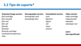 3.3 Tipo de suporte*
Projected image carriers
film cartridge
film cassette
film reel
film roll
filmslip
filmstrip
filmstrip cartridge
overhead transparency
slide
Stereographic carriers
stereograph card
stereograph disc
Unmediated carriers
card
flipchart
object
roll
sheet
volume
Video carriers
video cartridge
videocassette
videodisc
videotape reel
outro
não especificado
 