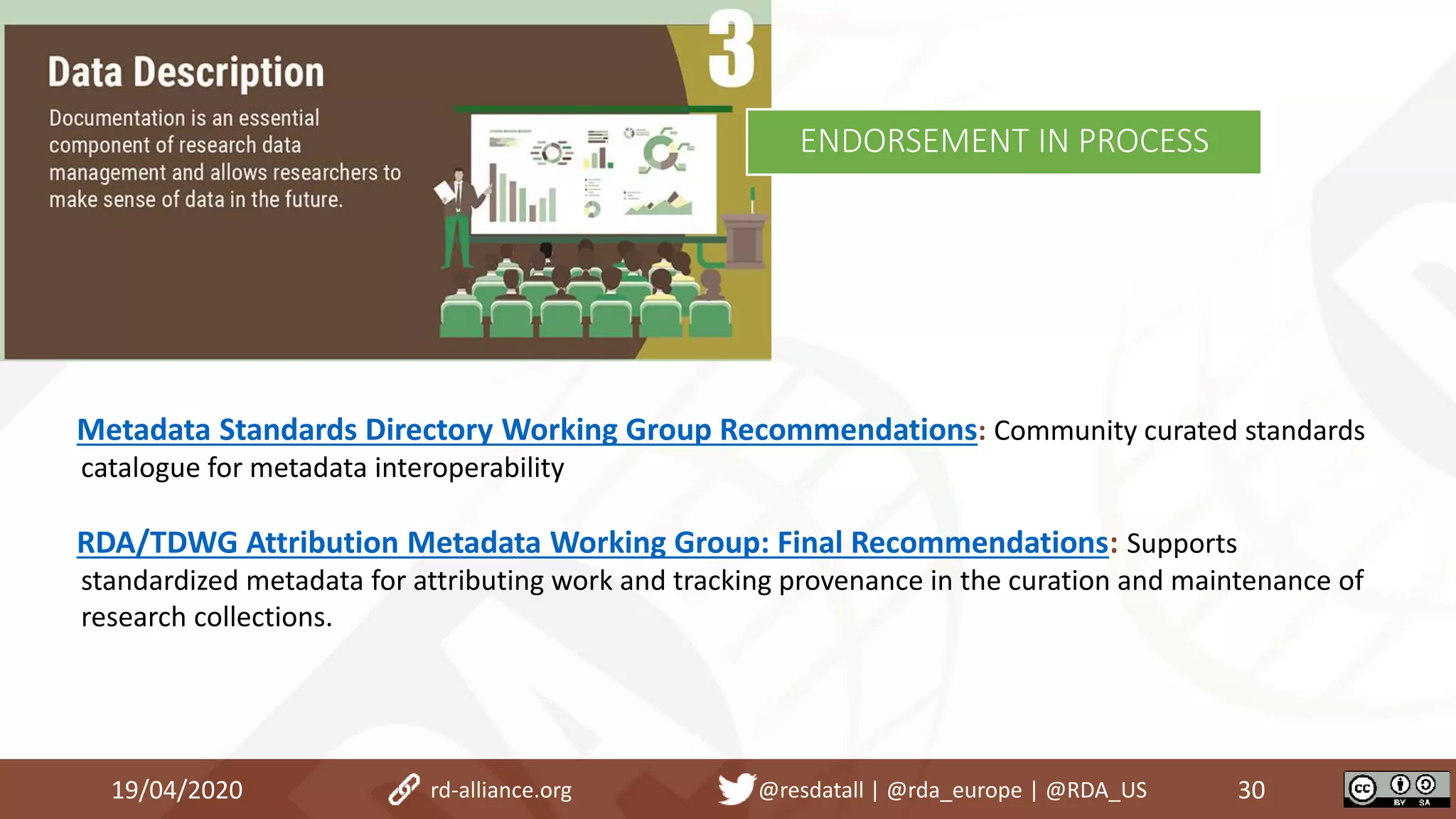 Metadata Standards Directory Working Group Recommendations: Community curated standards
catalogue for metadata interoperability
RDA/TDWG Attribution Metadata Working Group: Final Recommendations: Supports
standardized metadata for attributing work and tracking provenance in the curation and maintenance of
research collections.
19/04/2020 30rd-alliance.org @resdatall | @rda_europe | @RDA_US
ENDORSEMENT IN PROCESS
 