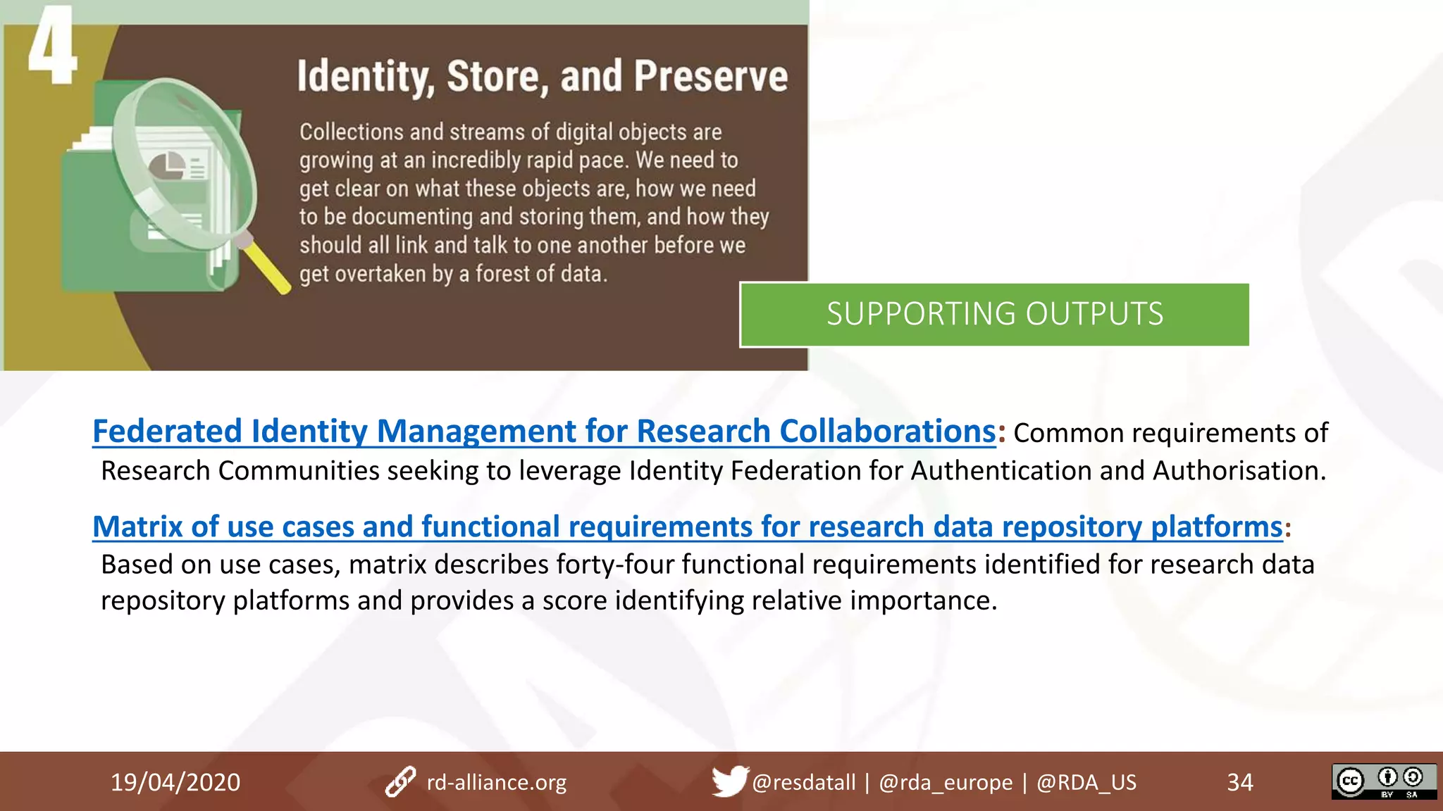 Federated Identity Management for Research Collaborations: Common requirements of
Research Communities seeking to leverage Identity Federation for Authentication and Authorisation.
Matrix of use cases and functional requirements for research data repository platforms:
Based on use cases, matrix describes forty-four functional requirements identified for research data
repository platforms and provides a score identifying relative importance.
19/04/2020 34rd-alliance.org @resdatall | @rda_europe | @RDA_US
SUPPORTING OUTPUTS
 