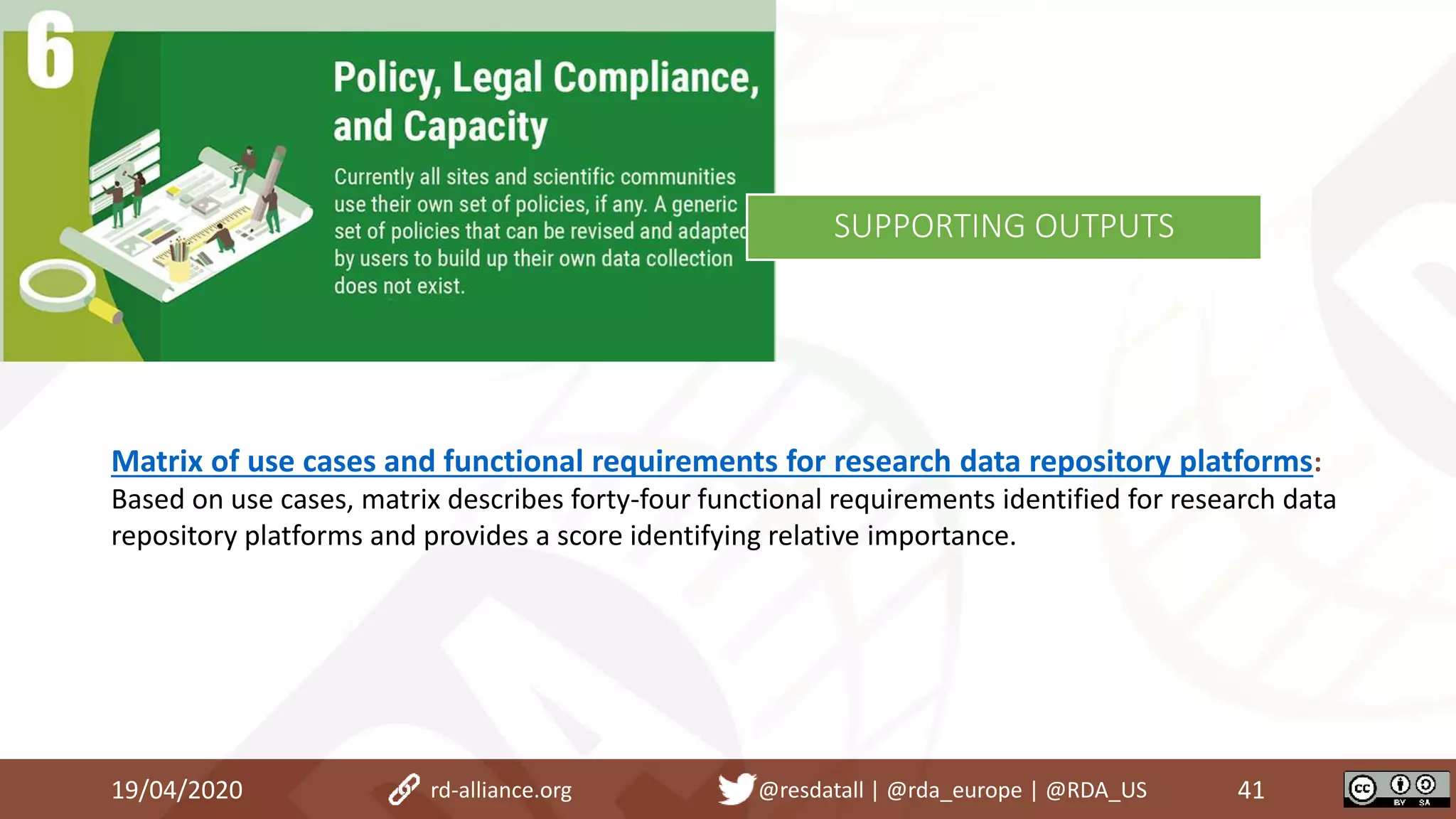Matrix of use cases and functional requirements for research data repository platforms:
Based on use cases, matrix describes forty-four functional requirements identified for research data
repository platforms and provides a score identifying relative importance.
19/04/2020 41rd-alliance.org @resdatall | @rda_europe | @RDA_US
SUPPORTING OUTPUTS
 